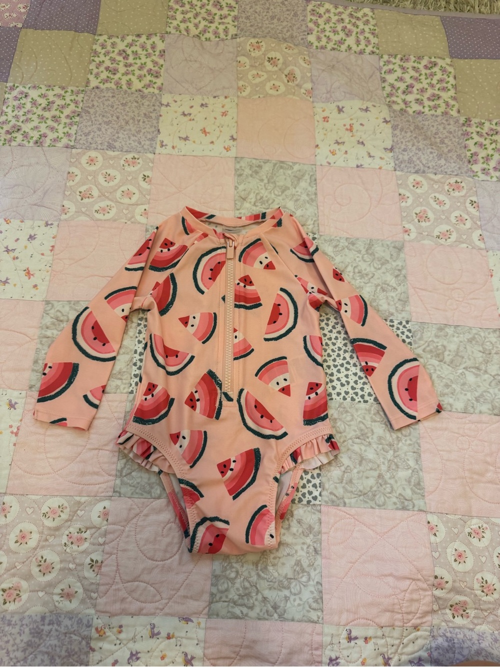 Old Navy Peach/Pink Watermelon Zip Long-Sleeve One-Piece Swimsuit